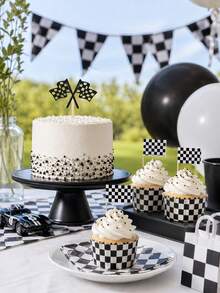 44pcs-Checkered Racing Glitter Double Flag And Checkered Cupcake Toppers; Black Glitter Racing Finish Line Checkered Flag Cupcake Toppers, Checkered Racing Flag Toothpicks, Suitable For Racing Flag Theme Baptism Party Cup Decoration, Racing Birthday Party Decoration, Sports Theme Event Checkered Flag Decoration - Multicolor - View 6