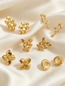 1 par de pendientes de botón con mariposa en relieve de doble capa, acero inoxidable 304 hipoalergénico, joyería romántica personalizada para uso diario y citas de mujer - Dorado - Ver 8