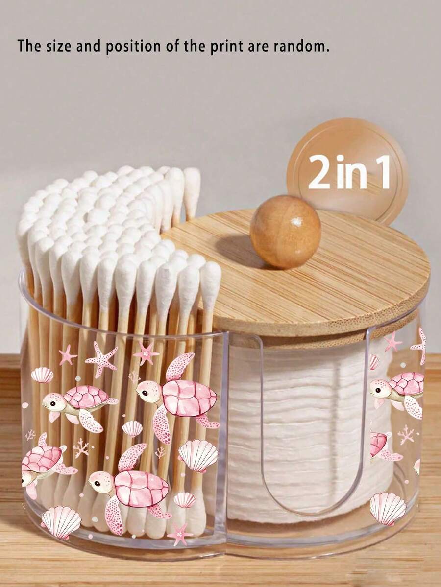 Mini Beach Turtle Pattern 2-In-1 Bamboo Lid Plastic Storage Box, With Dual Round Holes Cosmetic Organizer, Suitable For Makeup Brushes, Beauty Tool Bag, Makeup Organizer, Vanity Accessories, Makeup Bag, Creative Gift For Women (Mini Size) - Multicolor - View 1