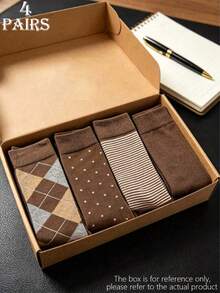1/4 Pair Men's Brown Diamond Grid Polka Dot Striped Mid-Calf Socks, Breathable Vintage Gentleman, British Style, Geometric Print, Diamond Grid Polka Dot Striped, Suitable For Office Commute Gift-Giving Scenarios, Minimalist Style, Classic Design, Suitable For Daily Commute Office Scenarios, Suitable For Business Workplace Gift-Giving Scenarios, - Multicolor - View 7