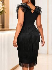 AOMEI Sexy Black V-Neck Cap Sleeve Fringe Bodycon Dress For Prom, Party, Dinner, And Music Festival - Black - View 7