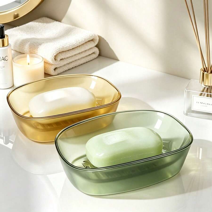 1pc Multi-Color Transparent Soap Dish With Gold Trim, Built-In Drainage Slot, Minimalist Luxury Style, Suitable For Bathroom, Shower And Countertop, For Soap Storage - A - View 1