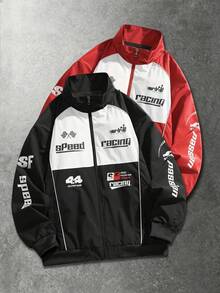 Jaket Motor Pria Hitam Putih dengan Motif Grafis Balap, Kerah Tegak, dan Resleting Penuh, Perlengkapan Berkendara - Hitam - View 2