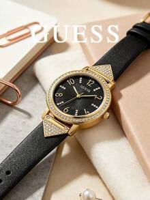 GUESS Women's Gold-Tone Rhinestone Watch, Black Radial Dial, Triangle Crystal Decor, Black Leather Strap, Elegant Quartz Wristwatch - Black - View 9