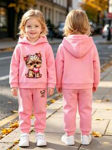 Conjunto de 2 piezas/Set para niñas jóvenes, sudadera con capucha y pantalones de estilo deportivo, casual, minimalista, dulce y suave, con estampado de cachorro de dibujos animados, corazón y piruleta, para otoño/invierno - Rosa - Ver 5