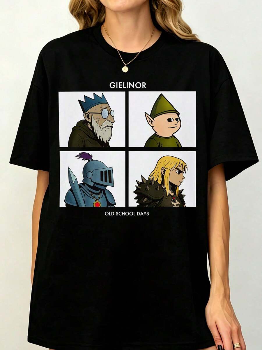 Old School RuneScapes OSRS British Game Gielinor Four Character Grid Collage Old School Days Retro Gamer Fan Black Unisex T-Shirt Summer Autumn - 黑色 - 查看 1