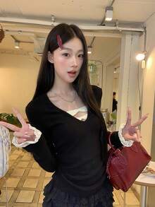 Women's Lace Patchwork Fitted T-Shirt, Chic Elegant Top Black - Black - View 1