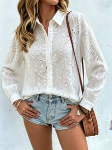 Elegant Women's Long Sleeve White Hollow Out Embroidery Shirt Regular Fit Collared Button Front Blouse - White - View 6