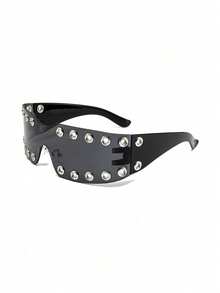 1pc European & American Fashion Oversized Full-Frame Futuristic Cyberpunk Rimless Concave Style Women's Glasses - Bright Black Gray Film - View 2