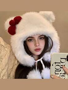 Cute Bow Plush White Earmuff Hat, Thick Warm Fluffy Beanie For Women, Daily Wear In Autumn/Winter - Multicolor - View 6