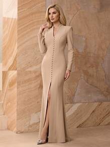 Floreya Spring/Summer Lightweight Business Commute Elegant Party Holiday Date Court Formal Long Sleeve Dress - Khaki - View 1