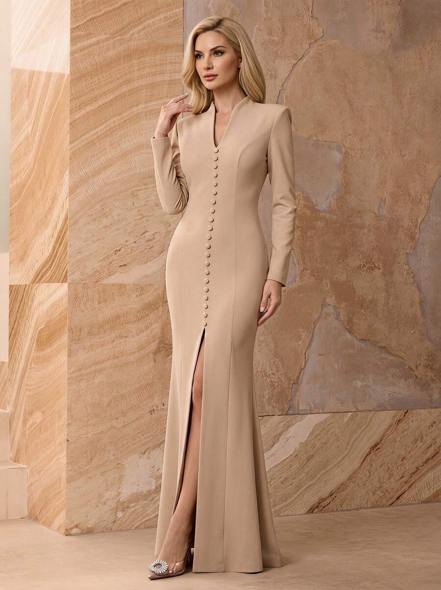 Floreya Spring/Summer Lightweight Business Commute Elegant Party Holiday Date Court Formal Long Sleeve Dress - Khaki - View 1