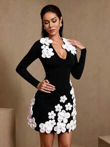 Elegant Party 3D Floral Decor Long Sleeve Bandage Dress - Black - View 3