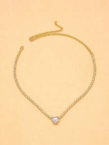 1pc Minimalist Rhinestone Tennis Chain Necklace, Single Heart-Shaped Transparent Rhinestone Pendant Delicate Collarbone Chain, Minimalist Women's Daily Layering Neck Accessory - Rhinestones - View 11