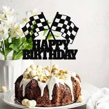 Universal 1pc Shiny Racing Cake Decoration Card With Checkered Flag, Racing Themed Birthday Party Decoration Supplies - Multicolor - View 5