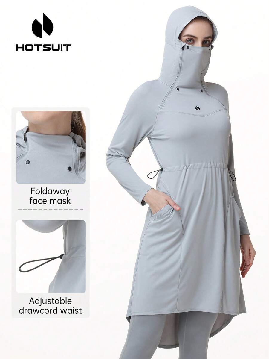 HOTSUIT Gaun Panjang Wanita Slim Fit Berkerudung dengan Masker Wajah, Desain Lipat, Tali Serut yang Dapat Diatur pada Tudung dan Pinggang, 2 Saku Samping - Light Grey - View 1