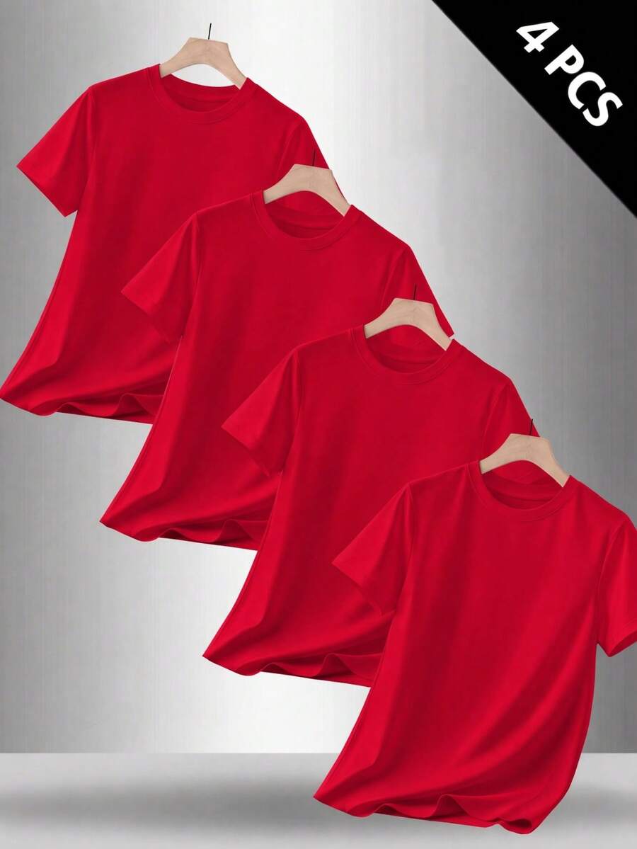 4-Pack Men's T-Shirts In Pure Cotton With Crew Neck And Print, Casual And Versatile, Ideal For Spring And Summer - 紅色 - 查看 1