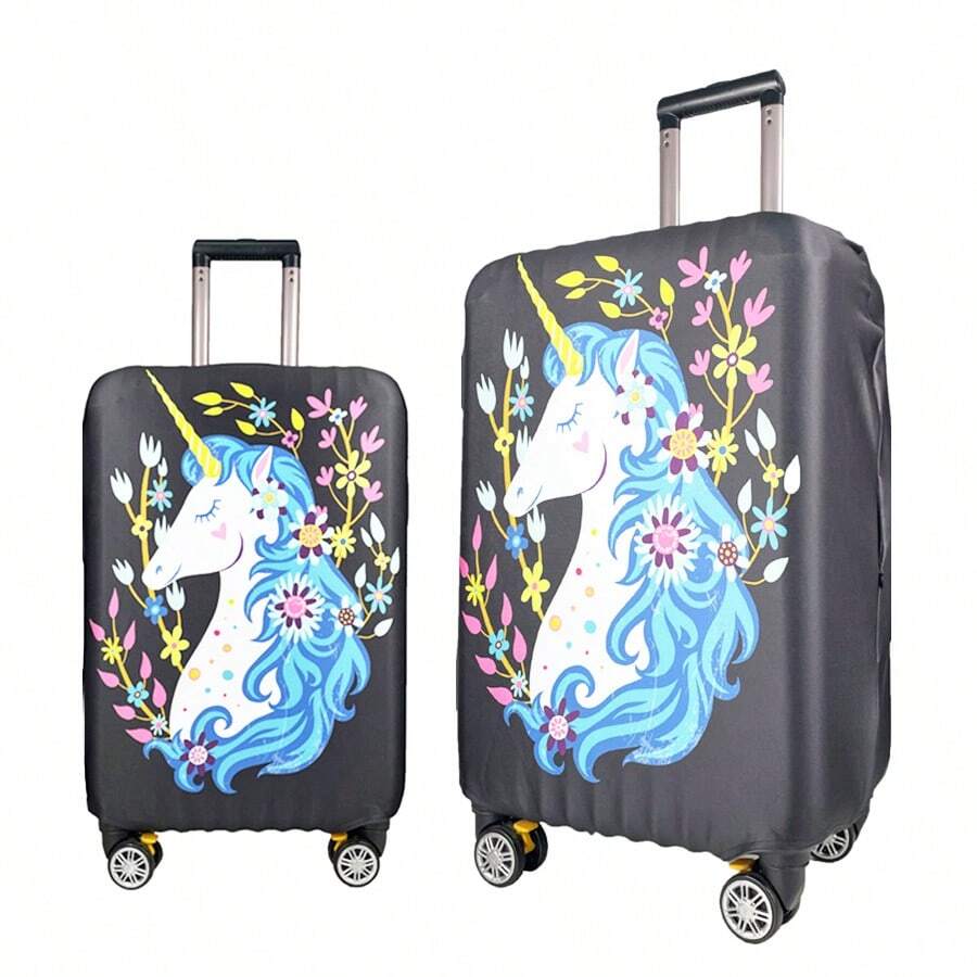 1pc Cute Unicorn Floral Print Flamingo Leaf Print Luggage Cover, Cartoon Style Elastic Polyester Stretch Rectangle Protective Sleeve, Anti‑Scratch Dust‑Proof Suitcase Protector, For Summer Vacation Holiday Travel Trip Back To School - Multicolor - View 1