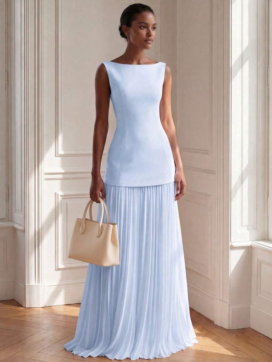 優雅休閒日常約會度假商務百褶洋裝,女款優雅洋裝,女款休閒洋裝,女款白色洋裝 - 藍色 - 查看 1
