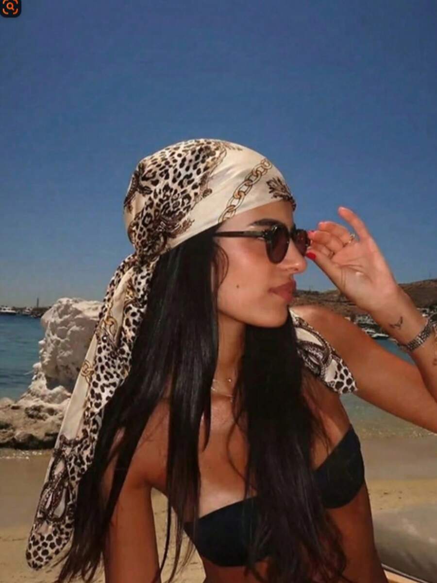 1 pezzo Foulard da donna stile bohémien vintage con stampa leopardata, adatto per uso quotidiano, vacanze al mare, cerimonie di laurea e altre occasioni - Multicolore - Visualizzare 1