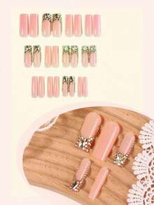 12pcs French Style Press-On Nails, Rectangular, Decorated With Large 3D Gold Rhinestones, XXL/XXXL Size, Metal Ornament Design, Luxury Y2K Style, Smooth Surface, Full Coverage, Suitable For Women And Girls Daily Wear - Multicolor - View 4