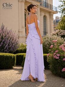 Lavender:Lavender Cross Halter 3D Ruffle Pleated Maxi Dress - 淺紫色 - 查看 3