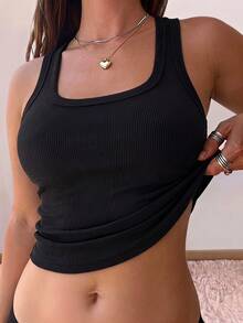 Mystra Summer Minimalis Retro Solid Color Ribbed Tank Top, Camisole Kasual Premium Serbaguna dengan Leher Y untuk Wanita - Hitam - View 2