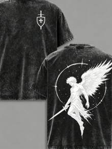 Men's Washed Angel Michael Graphic T-Shirt Flame Sword Shield Justice Symbol Christian Jesus Faith Tee Casual Streetwear Round Neck Summer Vacation Ou - 黑色 - 查看 6