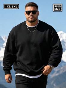 大尺碼 1XL-5XL 男士純色落肩長袖休閒運動衫，秋冬返校季運動款 - 黑色 - 查看 6