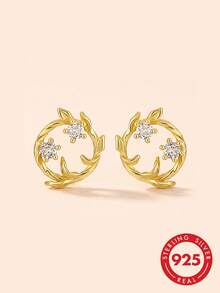 18K Gold Wreath Stud Earrings With Zirconia For Women Everyday 925 Sterling Silver Flower And Leaves Earring Jewelry - Gold - View 6