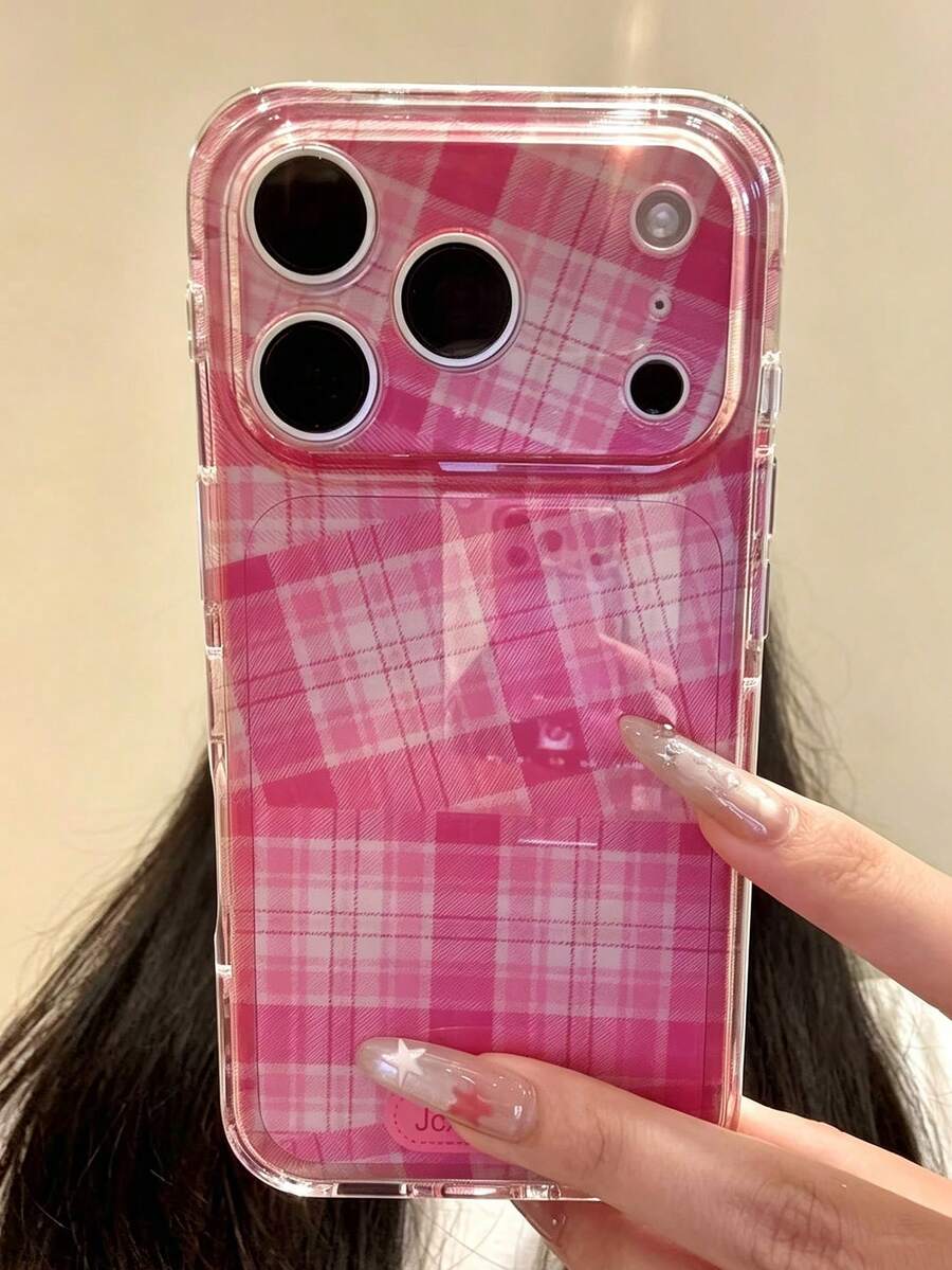Fashion Asymmetrical Plaid Soft Phone Case, Compatible With IPhone 17ProMax 17Pro 17 16ProMax 16Pro 16 15 14 13 Pro Max, Camera Protection Back Cover - Hot Pink - View 1