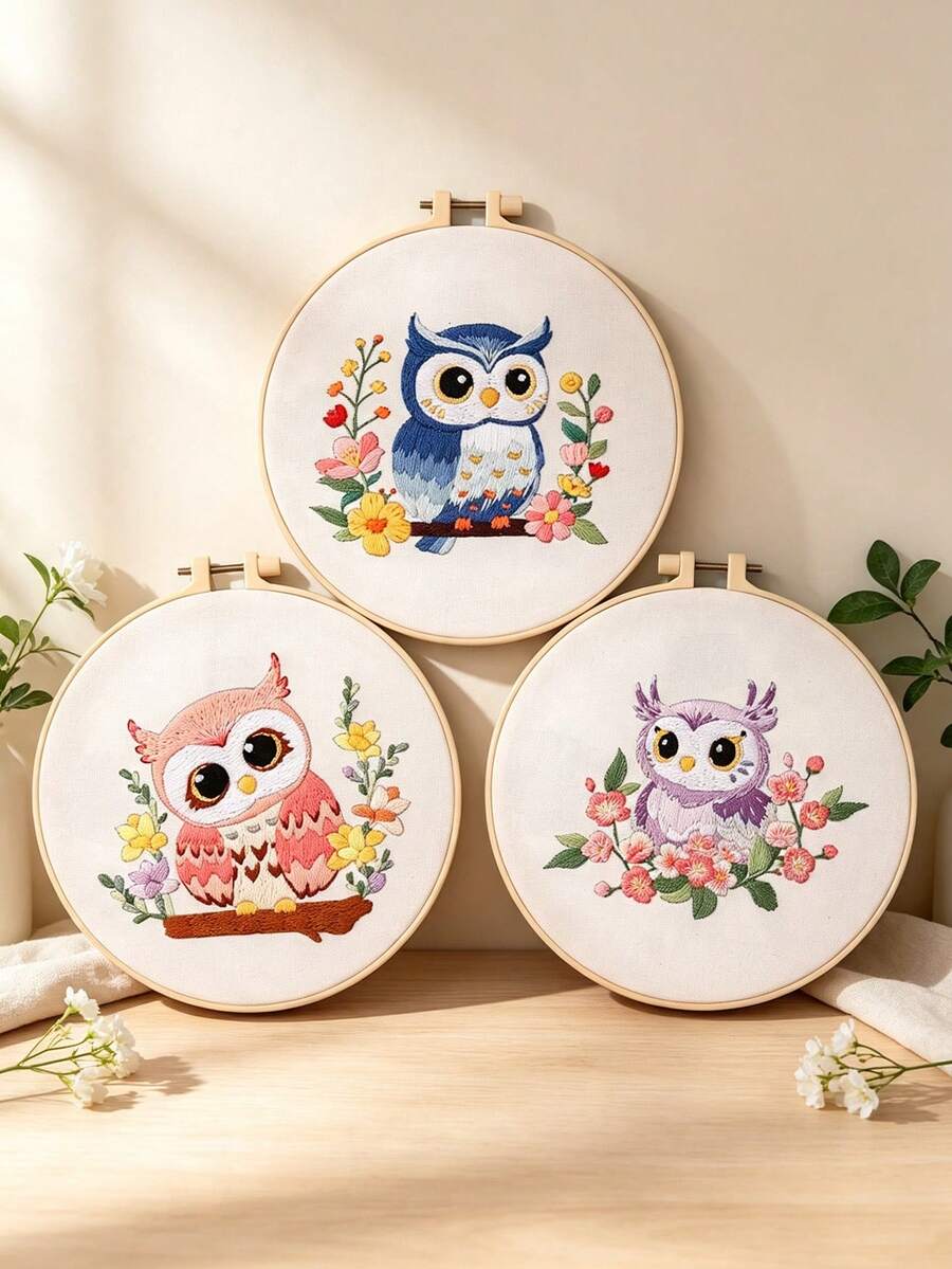 1pc 20*20cm/7.9*7.9in Owl Embroidery Kit, DIY Handmade Embroidery Tool Set, Suitable For Adult Beginners, Home Decor Gift, Women Sewing Gift, Includes Instruction Manual, Printed Pattern Fabric, Embroidery Hoop, Needle And Thread - One Size - View 1