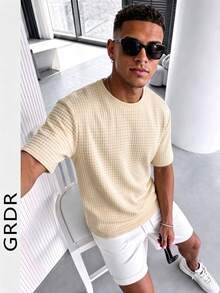 GRDR 男士夏季時尚條紋提花領短袖T恤，適合商務通勤與日常穿著 - 杏色 - 查看 2