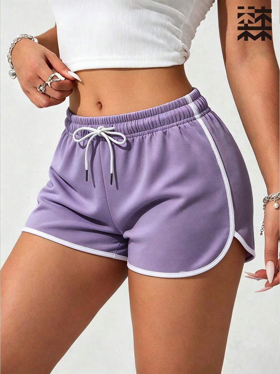 mulinsen Women's Athletic Shorts, Elastic Drawstring Patchwork Hem, Quick-Dry Running Shorts, Suitable For Fitness Training And Daily Jogging - Mauve Purple - View 1