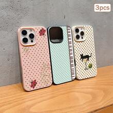 3pcs Polka Dot Print Leather Texture TPU Shockproof Full Coverage Protective Phone Case Compatible With Apple 11/12/13/14/15/16/17 Pro Max - Black + Pink + Antique White - View 2