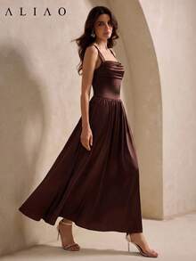 Aliao Fall Winter Romantic Satin Wide Strap A Line Long Maxi Dress Wedding Bridesmaid - Brown - View 6