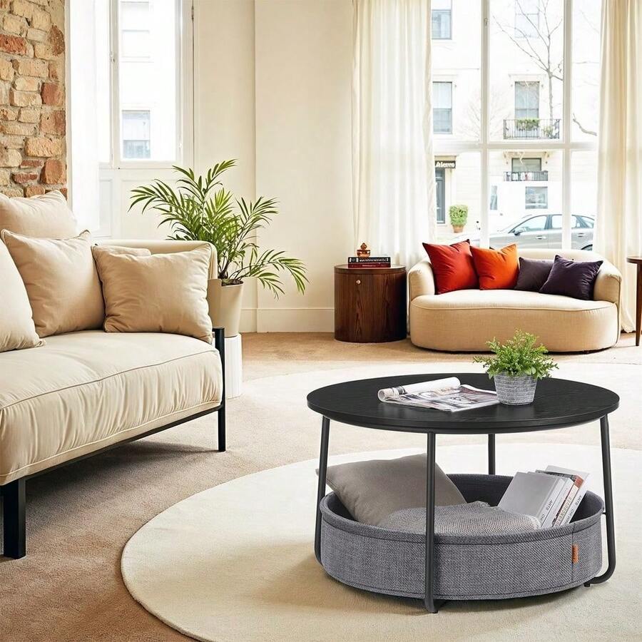 Couchtisch rund, Beistelltisch mit Stauraum, Wohnzimmertisch mit Korb aus Stoff - Schwarz - Übersicht 1