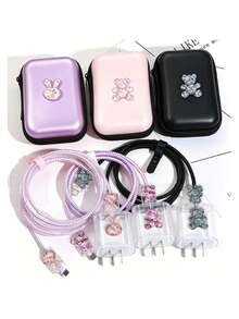 6pcs Rhinestone Bear & Rabbit Data Cable Protector Set With Hard Shell Digital Storage Bag, Layered Mesh Pockets For Charging Cables & Earphones, Matching Glitter Bear & Rabbit Charger Protective Case And Cable Wrap Rope, Black & Pink Dual Color Options, Pressure-Resistant Shockproof Portable Carry, Cute Cartoon Digital Accessories Set For Students & Commuters - Multicolor - View 2