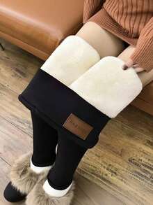 1 Pasang Legging Tebal Hangat Wanita Motif Huruf Warna Polos Musim Gugur/Dingin, Cocok untuk Aktivitas Luar Ruangan - Hitam - View 5
