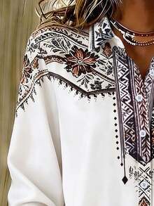 Casual Fashion Floral Print Women's Plus Size Lightweight Long Sleeve Button-Up Shirt White - White - View 7