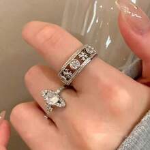 Vintage Gothic Style Multi-Piece Stackable Ring Set For Women, Silver-Plated Star Crown Hollow Zirconia Adjustable Rings, Luxury Shiny Party Jewelry Gift, Suitable For Engagement, Valentine's Day, Birthday - one-size - View 8