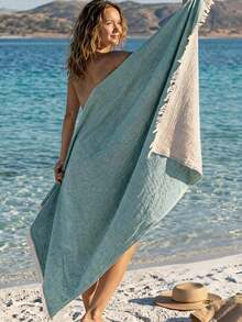 Colorful Tassel Beach Pareo – Large Lightweight Sarong, Fast Dry Towel For Sea, Pool, Yoga, Pilates – Multi-Purpose Cover Up 100x170cm - Mint Green - View 2