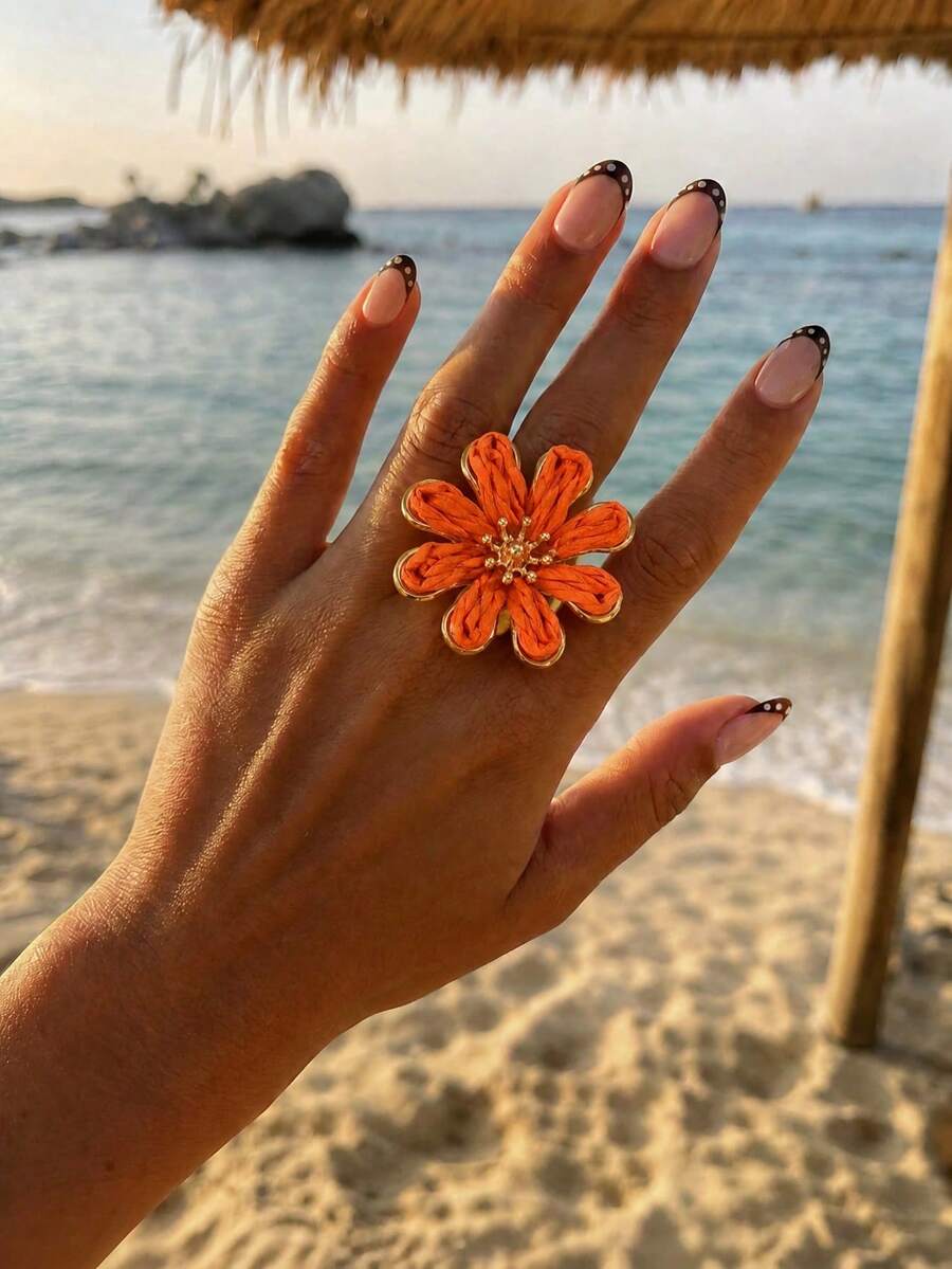 1pc Bohemian Vacation Style Raffia Orange Flower Ring, Suitable For Women Beach Outings, Daily Outfit Matching, Versatile Accessory - Orange - View 1