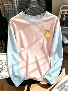 Tween Girl 1pc Printed Patchwork Contrast Color Long Sleeve T-Shirt, Suitable For Tween GirlsAutumn/Winter Top, Young Student Children's Clothing, Suitable For Outerwear And Inner Layer - Pink - View 6