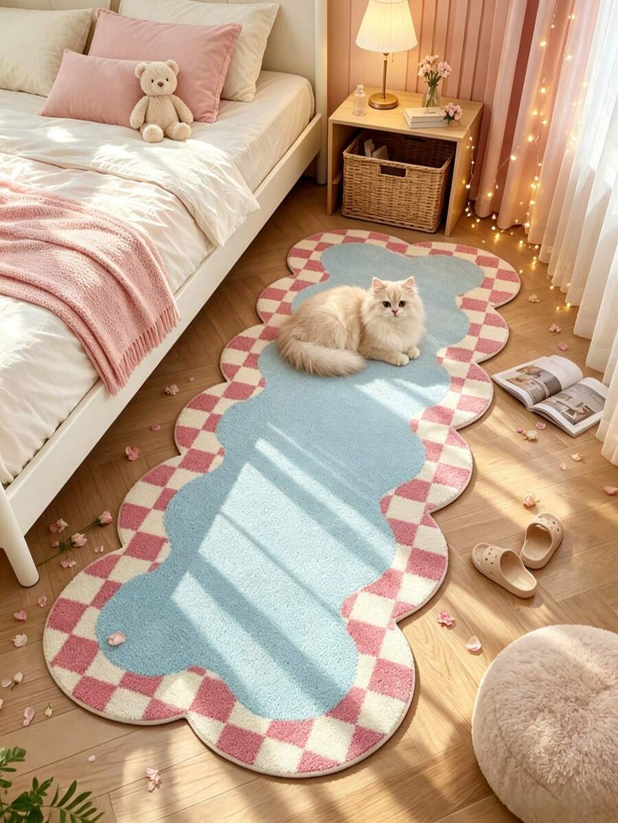 1件裝粉色格紋不規則造型地墊 裝飾地毯 客廳地毯 臥室地毯 通用地毯
