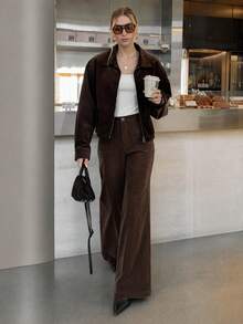 Women's High Waist Corduroy Flare Pants, Single Button Front, Square Patch Pockets, Solid Color Retro Casual Long Pants - Brown - View 3