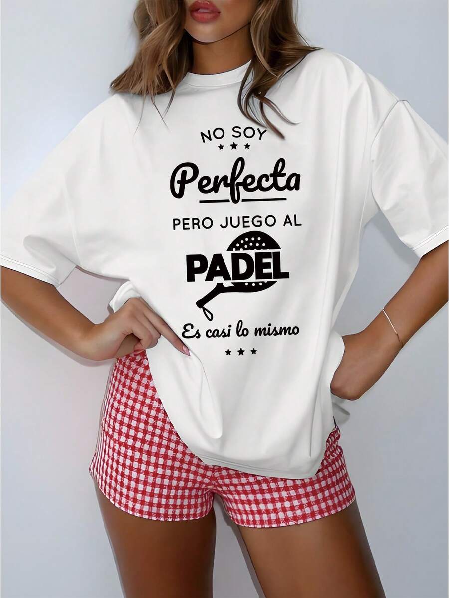 Loose Fit Women Casual T‑Shirt, Funny Padel Racket Spanish Text Graphic Tee, Short Sleeve Basic Top, Summer Daily Ladies Everyday Outfit - White - View 1