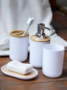 Haus Hana 4 pièces/set Distributeur de lotion et porte-savon et gobelet de gargarisme, set de distributeur de lotion en plastique moderne pour la salle de bain, décoration de maison, décoration d'automne, retour à l'école - Blanc - Voir 3