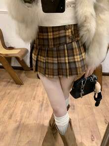 Women's Plaid Pleated Casual Versatile Daily Skirt - Brown - View 2