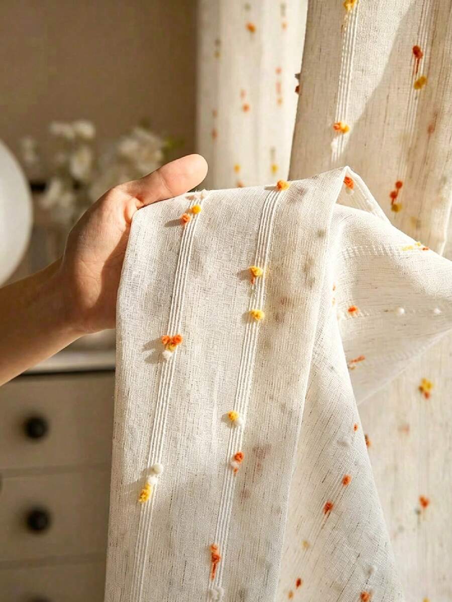 1pc Vintage Style Linen Translucent Curtain, Rainbow Jelly Bean Pattern, Rod Pocket Design, Easy To Hang, Suitable For Bedroom, Living Room, Office Decoration (Fabric Weight 160gsm) - Multicolor - View 1